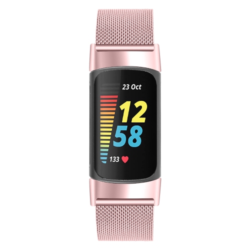 StrapsCo Fine Stainless Steel Mesh Bracelet Watch Band for Fitbit Charge 5 - Pink