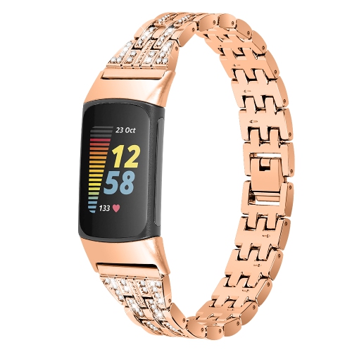 StrapsCo Chic Rhinestone Embedded Stainless Steel Watch Band for Fitbit Charge 5 - Rose Gold