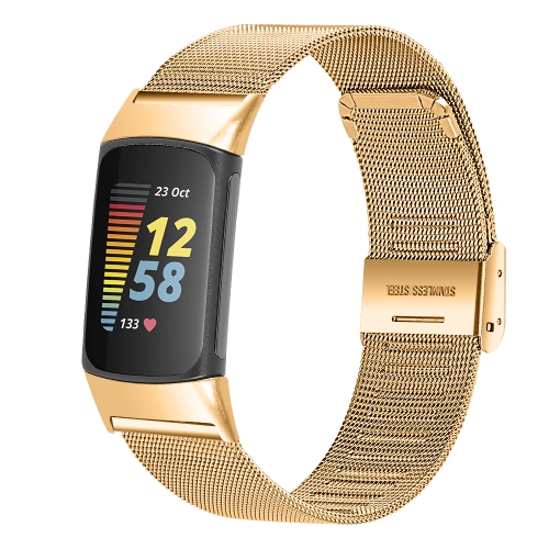 STRAPSCO  Fine Stainless Steel Mesh Bracelet Watch Band for Fitbit Charge 5 - Gold In Yellow