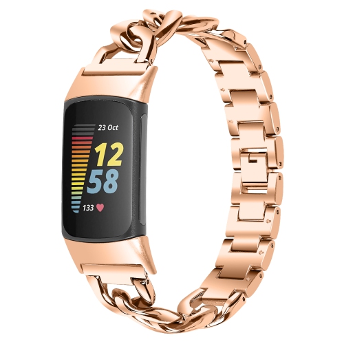 StrapsCo Stainless Steel Cuban Link Bracelet - Watch Strap for Fitbit Charge 5 - Rose Gold