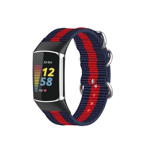 StrapsCo Durable 3-Ring Nylon Replacement Watch Band Strap for Fitbit Charge 5 - Navy & Red