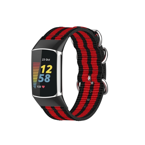 StrapsCo Durable 3-Ring Nylon Replacement Watch Band Strap for Fitbit Charge 5 - Black & Red