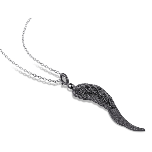 Black Diamond Wing Pendant Necklace in Sterling Silver with Chain