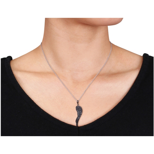 Black Diamond Wing Pendant Necklace in Sterling Silver with Chain
