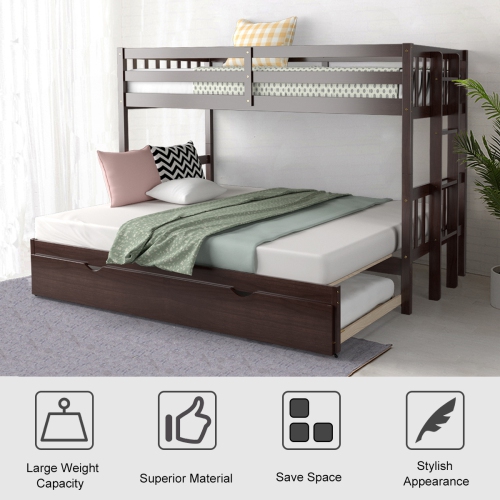 Topbuy Twin Convertible Bunk Beds with Trundle & Ladder for Kids Espresso