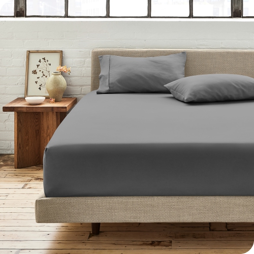 Bare Home 100% Organic Cotton Fitted Bottom Sheet - Crisp Percale Weave - Warm & Luxurious Sateen - Full, Grey