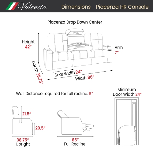 Valencia Piacenza Console Home Theater Seating | Premium Top Grain Nappa Leather, Power Headrest, with Center Dropdown Console