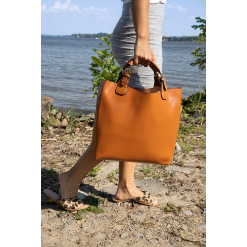 Splurg'd Leather tote bag with long strap and carry handle - Brown