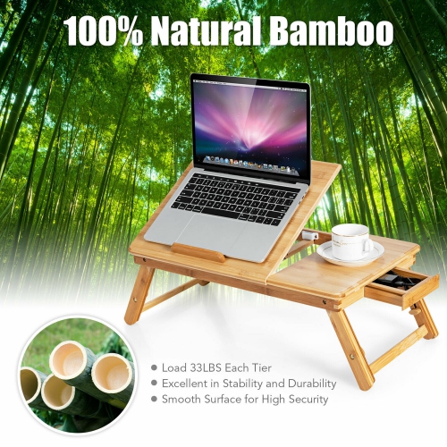 Gymax Bamboo Laptop Desk Adjustable Folding Bed Tray w/Drawer Heat Dissipation