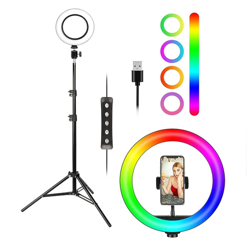 10" LED RGB Desktop Selfie Ring Light with Retractable Metal 1.2m Tripod & Adjustable Phone Holder for Makeup Live Streaming With 12 Adjustable
