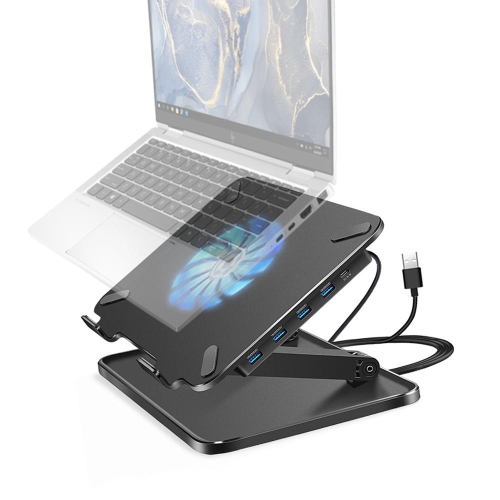 Height Adjustable Laptop Stand with Cooling Fan & 4-Port USB 3.0 Hub, Black-280mm x 214mm x 47mm ,up to 20KG