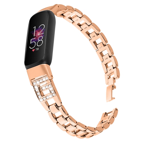 StrapsCo Stainless Steel Chain Link Bracelet Band w/ Rhinestones for Fitbit Luxe - Rose Gold