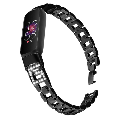 StrapsCo Stainless Steel Chain Link Bracelet Band w/ Rhinestones for Fitbit Luxe - Black