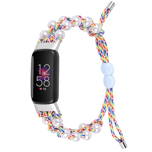 StrapsCo Adjustable Nylon Drawstring Watch Band Strap with Beads for Fitbit Luxe - Rainbow