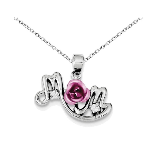 GEM AND HARMONY  Flower And Synthetic Cubic Zirconia (Cz) Mom Pendant Necklace In Sterling Silver In Pink