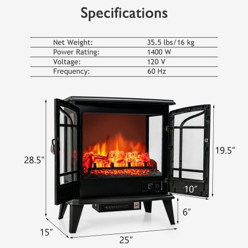 Costway 25" Freestanding Electric Fireplace Heater Stove W/ Realistic Flame effect 1400W