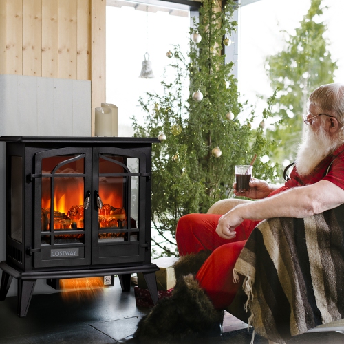 Costway 25" Freestanding Electric Fireplace Heater Stove W/ Realistic Flame effect 1400W