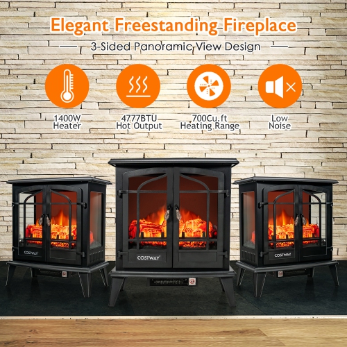 Costway 25" Freestanding Electric Fireplace Heater Stove W/ Realistic Flame effect 1400W