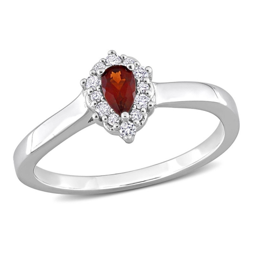 1/4 Carat Garnet Drop Ring in Sterling Silver with Halo Diamonds