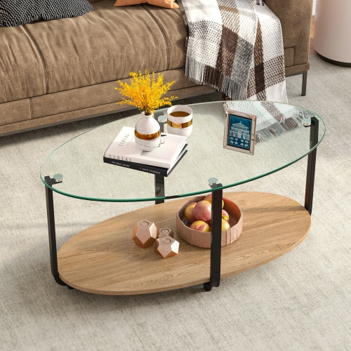 Gymax Glass-Top Coffee Table 2-Tier Modern Oval Side Sofa Table w/ Storage Shelf