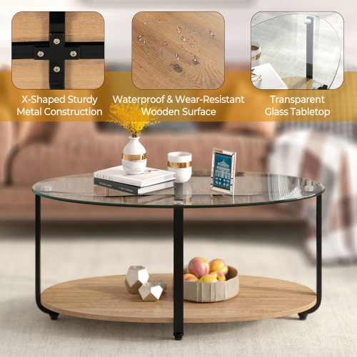 Gymax Glass-Top Coffee Table 2-Tier Modern Oval Side Sofa Table w/ Storage Shelf