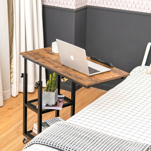Gymax C Shaped Side Table w/ Wheels Height and Tabletop Adjustable Storage Shelf