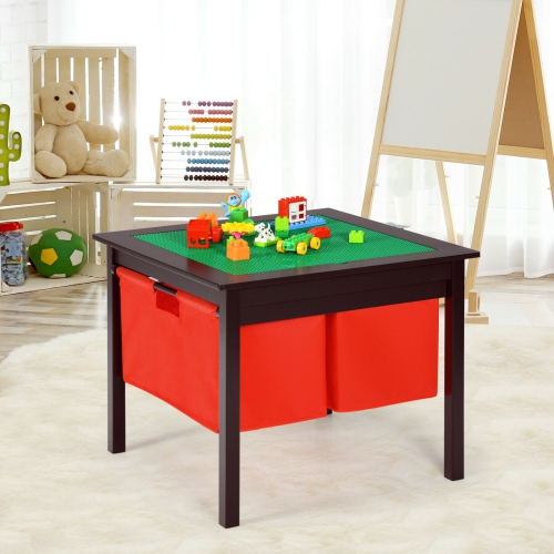 Gymax – Table de blocs de construction 2-en-1 recto verso pour enfants avec tiroirs, brun