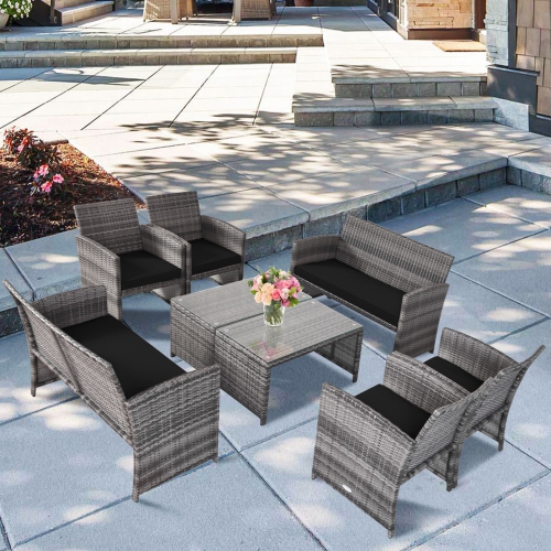GYMAX  8PCs Patio Outdoor Rattan Conversation Furniture Set W/ Cushion In Black