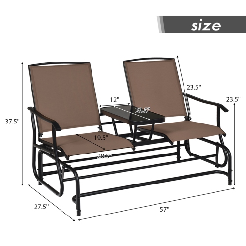 Gymax Patio 2-Person Glider Rocking Char Loveseat Garden w/ Tempered Glass Table Brown