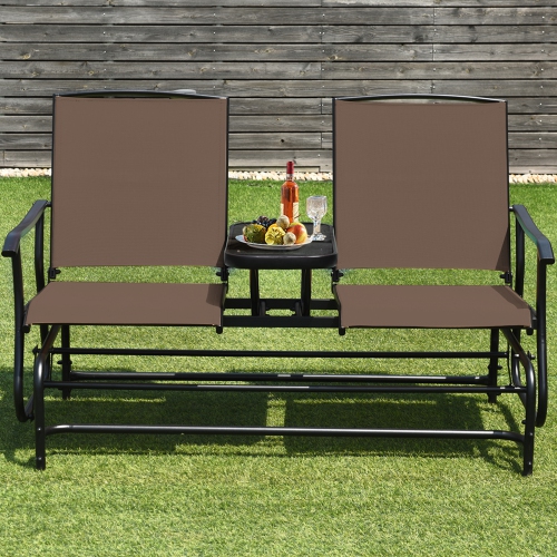 Gymax Patio 2-Person Glider Rocking Char Loveseat Garden w/ Tempered Glass Table Brown