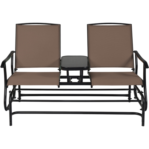 Gymax Patio 2-Person Glider Rocking Char Loveseat Garden w/ Tempered Glass Table Brown