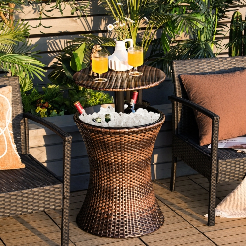 Gymax Outdoor Rattan Cooler Bar Table Patio Ice Bucket w/ Adjustable Height