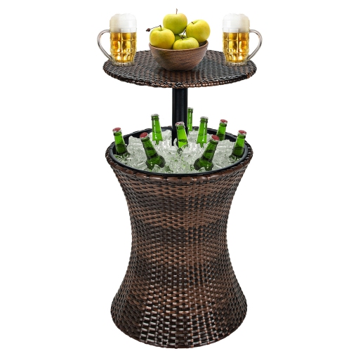 Gymax Outdoor Rattan Cooler Bar Table Patio Ice Bucket w/ Adjustable Height