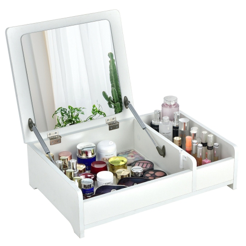 GYMAX  2-In-1 Vanity Dresser W/ Flip-Top Mirror Tabletop Storage Box Makeup Laptop In White