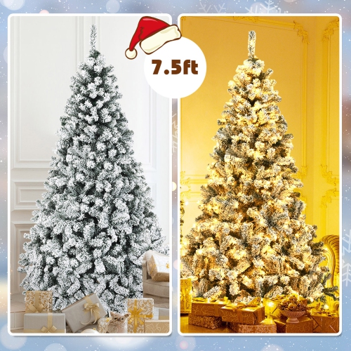 Gymax 6/7.5/9 FT Pre-Lit Christmas Tree Snow Flocked Hinged Pine Tree w/ Metal Stand