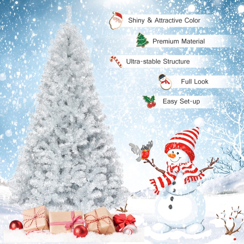 Gymax 7.5 FT Silver Tinsel Christmas Tree Artificial Hinged Tree Holiday Decoration