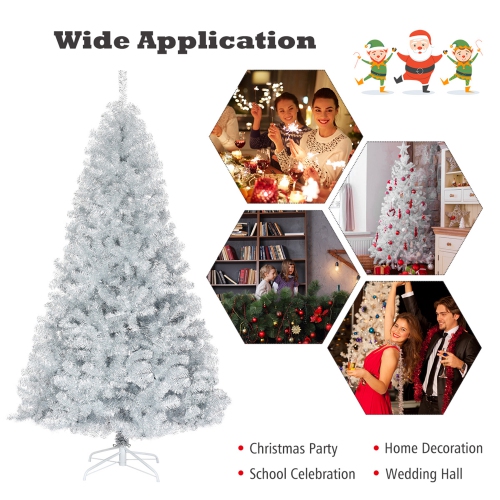 Gymax 7.5 FT Silver Tinsel Christmas Tree Artificial Hinged Tree Holiday Decoration