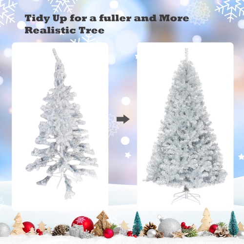 Gymax 7.5 FT Silver Tinsel Christmas Tree Artificial Hinged Tree Holiday Decoration