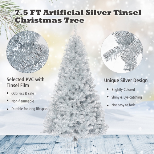 Gymax 7.5 FT Silver Tinsel Christmas Tree Artificial Hinged Tree Holiday Decoration