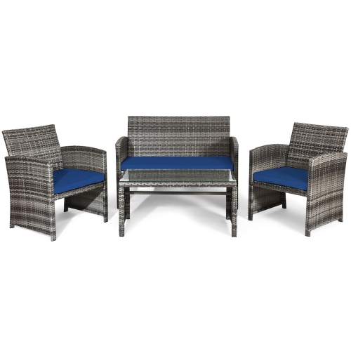 Gymax 4PCS Patio Outdoor Rattan Conversation Furniture Set w/ Navy Cushion