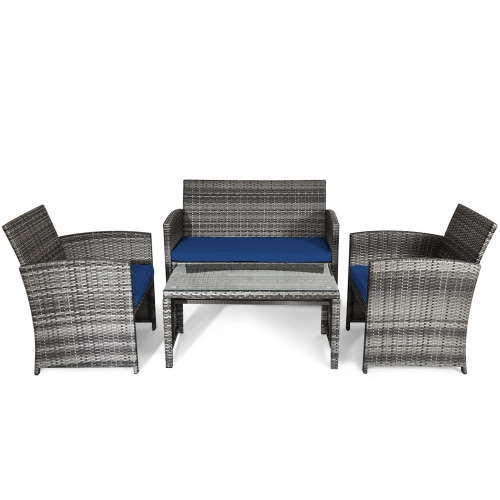 Gymax 4PCS Patio Outdoor Rattan Conversation Furniture Set w/ Navy Cushion