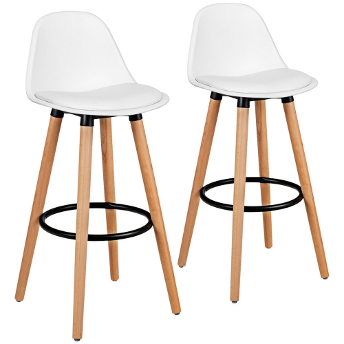 Gymax Set of 2 Mid Century Barstool 28.5" Dining Pub Chair w/Leather Padded Seat White