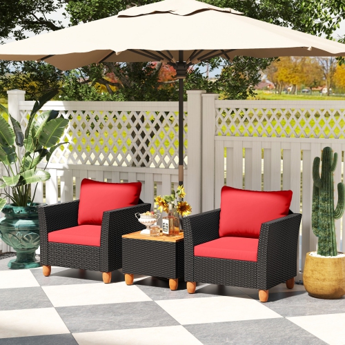 Costway 3 PCS Outdoor Patio Rattan Bistro Furniture Set Wooden Table Top Cushioned Sofa