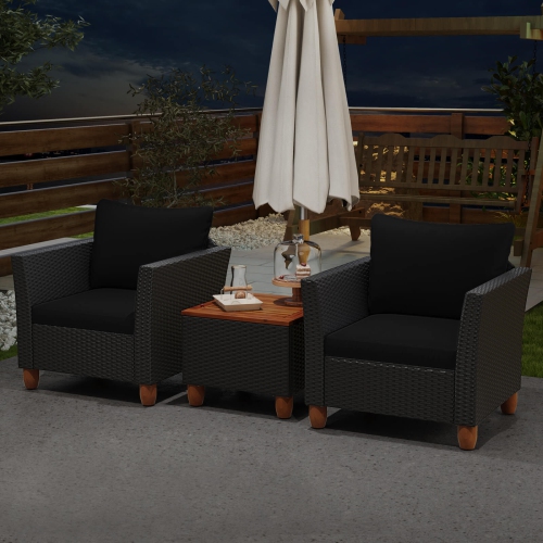 Costway 3 PCS Outdoor Patio Rattan Bistro Furniture Set Wooden Table Top Cushioned Sofa