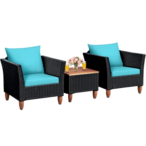 Costway 3 PCS Outdoor Patio Rattan Bistro Furniture Set Wooden Table Top Cushioned Sofa