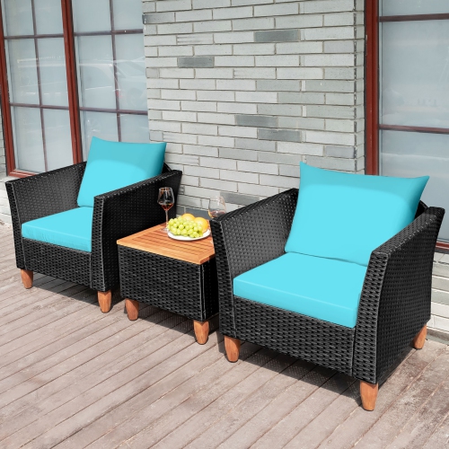 Costway 3 PCS Outdoor Patio Rattan Bistro Furniture Set Wooden Table Top Cushioned Sofa