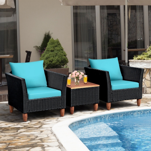 Costway 3 PCS Outdoor Patio Rattan Bistro Furniture Set Wooden Table Top Cushioned Sofa