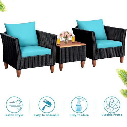 Costway 3 PCS Outdoor Patio Rattan Bistro Furniture Set Wooden Table Top Cushioned Sofa