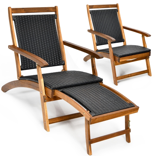 Costway 2PCS Patio Folding Rattan Lounge Chair Wood Frame Retractable Footrest