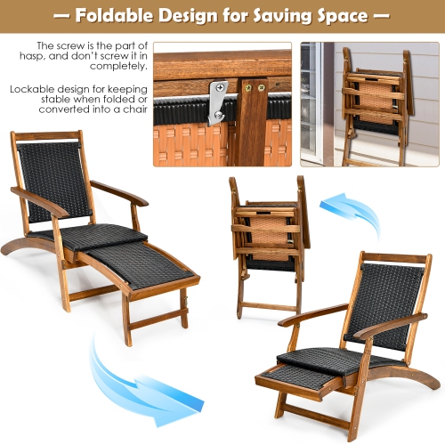 Costway 2PCS Patio Folding Rattan Lounge Chair Wood Frame Retractable Footrest